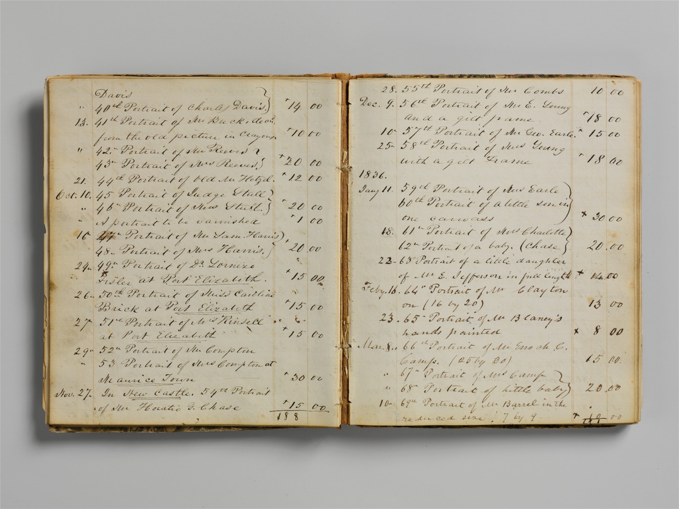 An open handwritten account book with itemized entries listed down each page and a column of amounts beside them